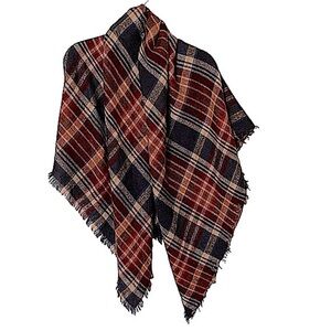 SQUARE Blue Ivory and Rust Plaid Self Fringe Scarf